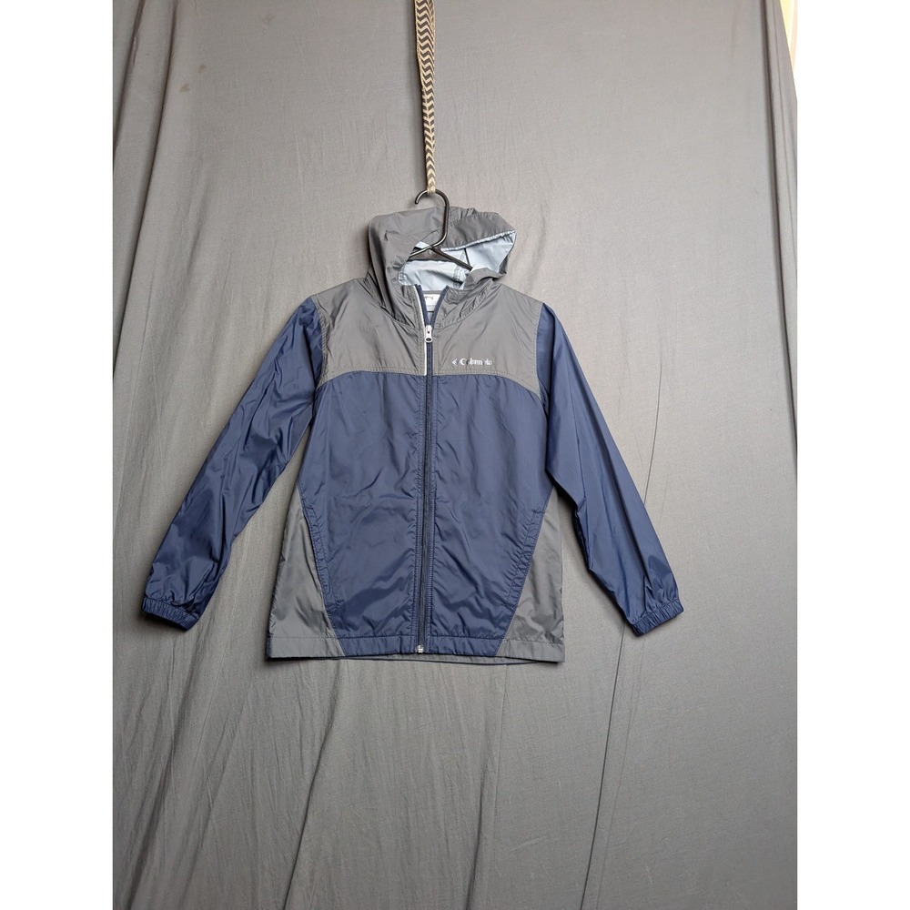 COLUMBIA PACKABLE WINDBREAKER GREY BLUE HOOD ZIP POCKETS SIZE MEDIUM